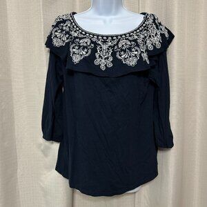 J. Jill 3/4 Sleeve Pullover On Or Off Shoulder Top Women's Size M Navy White NWT